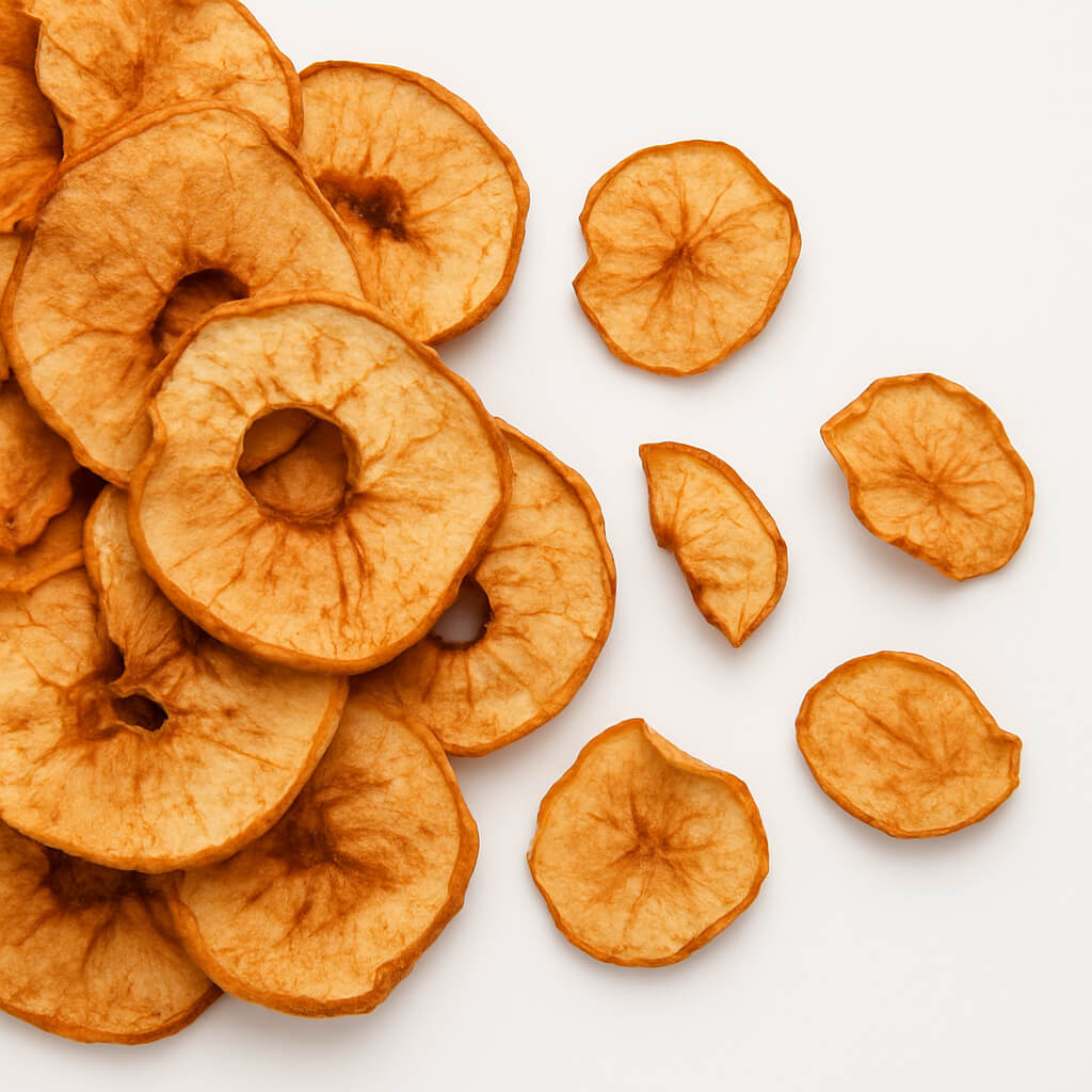 Dried apple slices on white background Close-up of dried apple rings arranged on white
