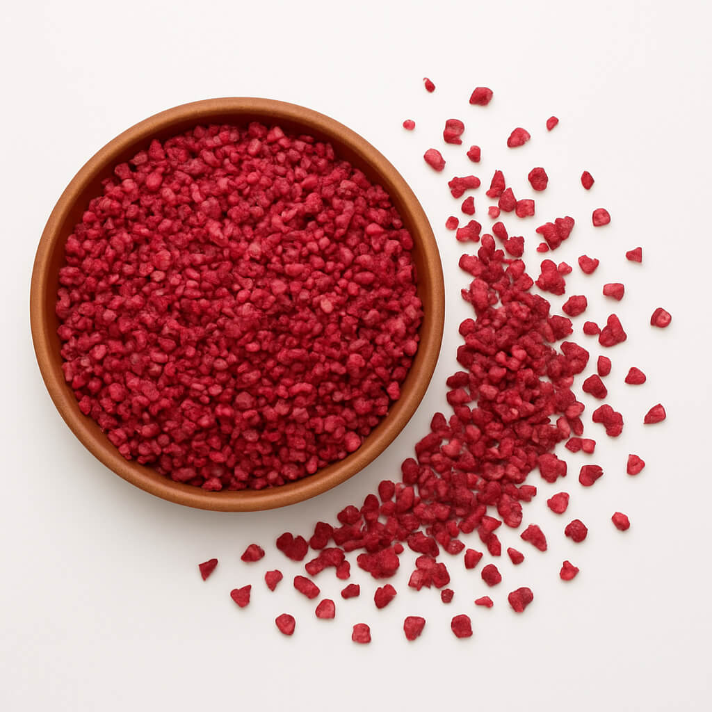 Bowl of crushed freeze-dried raspberries scattered on white