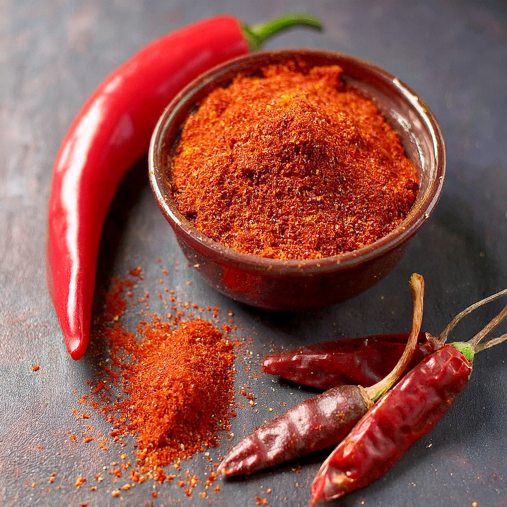 Schale mit leuchtend rotem, fein gemahlenem Chilipulver, dazu frische und getrocknete rote Chilischoten auf dunklem Hintergrund
