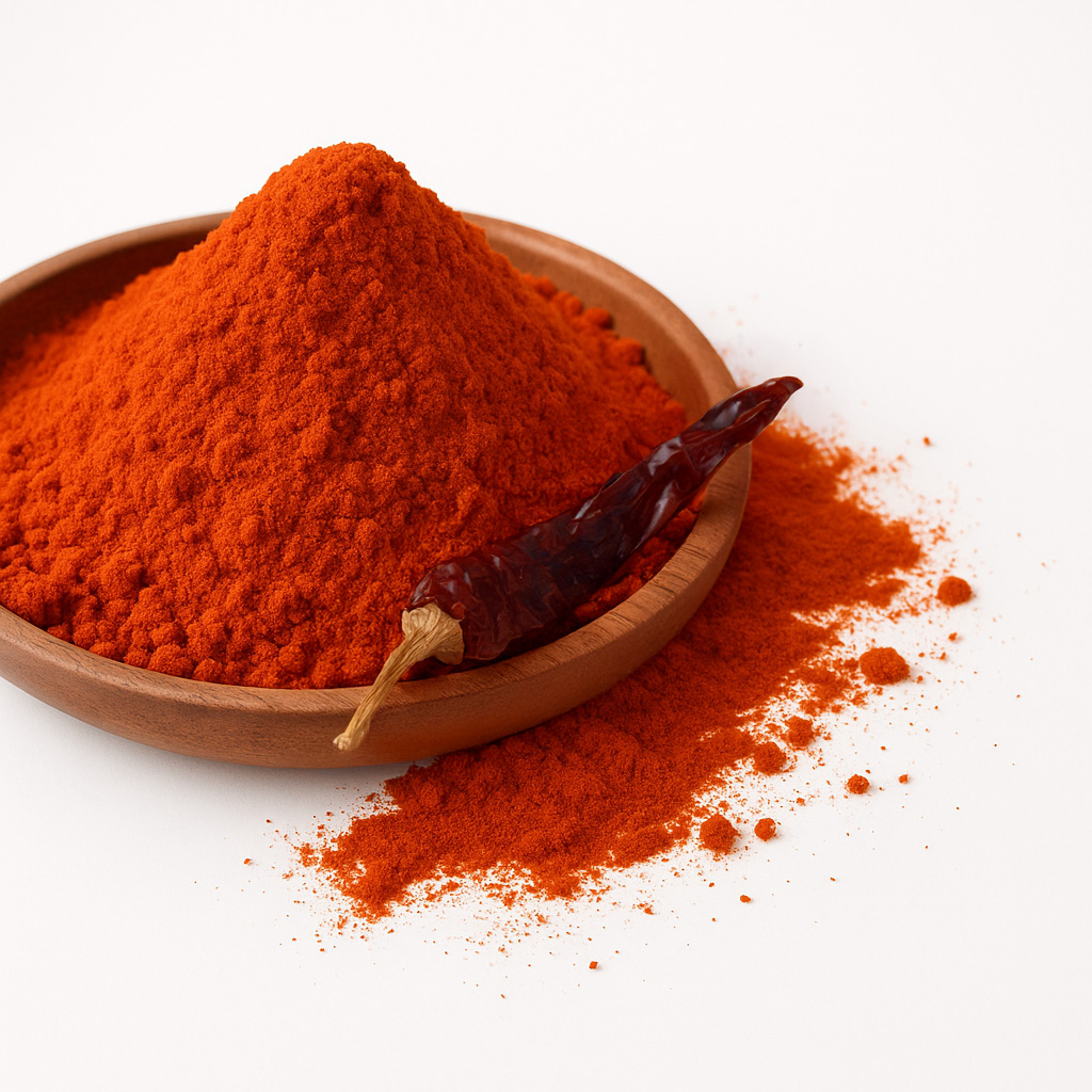 Nahaufnahme: leuchtend rotes gemahlenes Chili- bzw. Paprikapulver in einer Holzschale, mit einer getrockneten Chilischote und verstreutem Pulver auf weißem Hintergrund