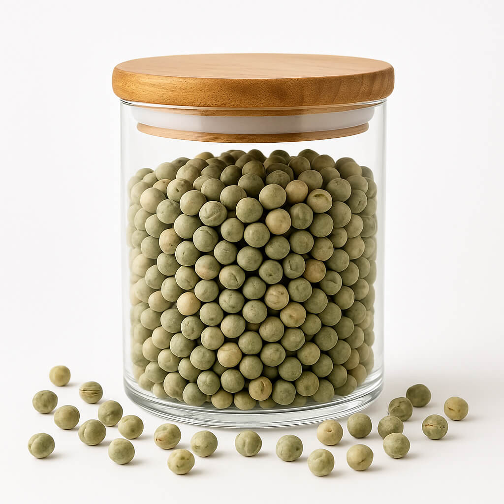 Glass jar filled with green peas, wooden lid