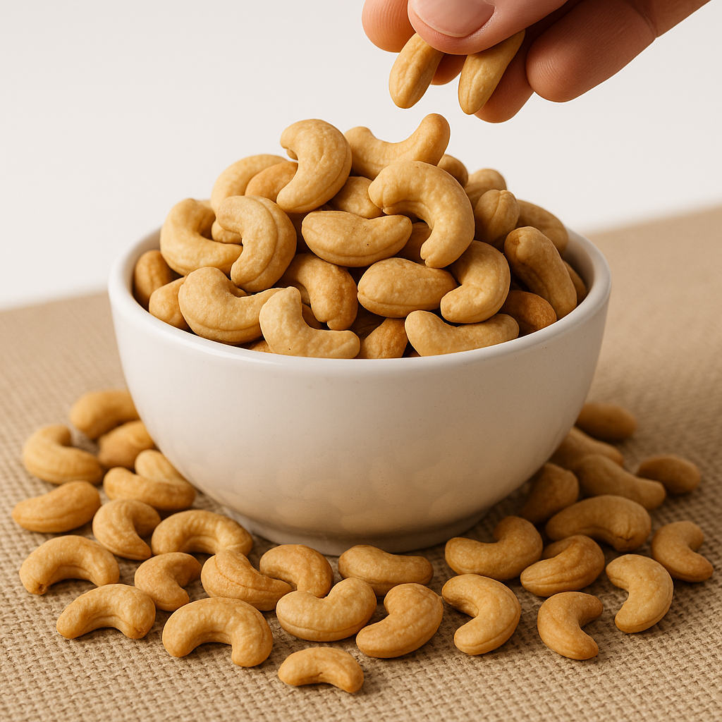 Weißes Schälchen voller gerösteter Cashewkerne auf Juteuntergrund, eine Hand nimmt eine Nuss – leckerer, gesunder Snack