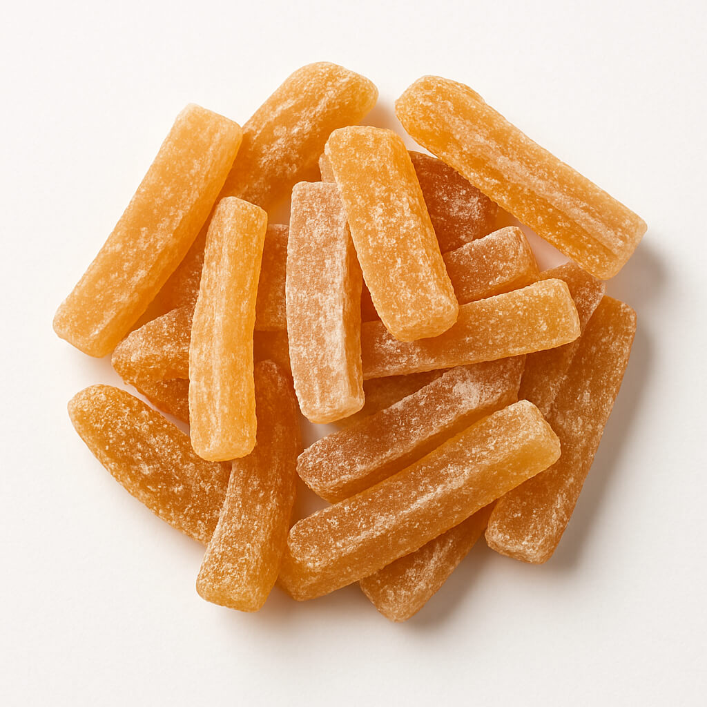 Candied ginger sticks Close-up of candied ginger sticks on white background