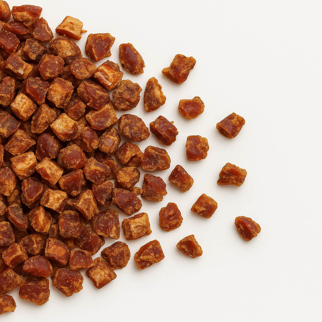 Close-up of dried apple cubes on white background