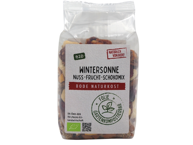 Økologisk Wintersonne nødde-, frugt- og chokolademix fra Bode Naturkost med synlig etiket og komposterbar folie