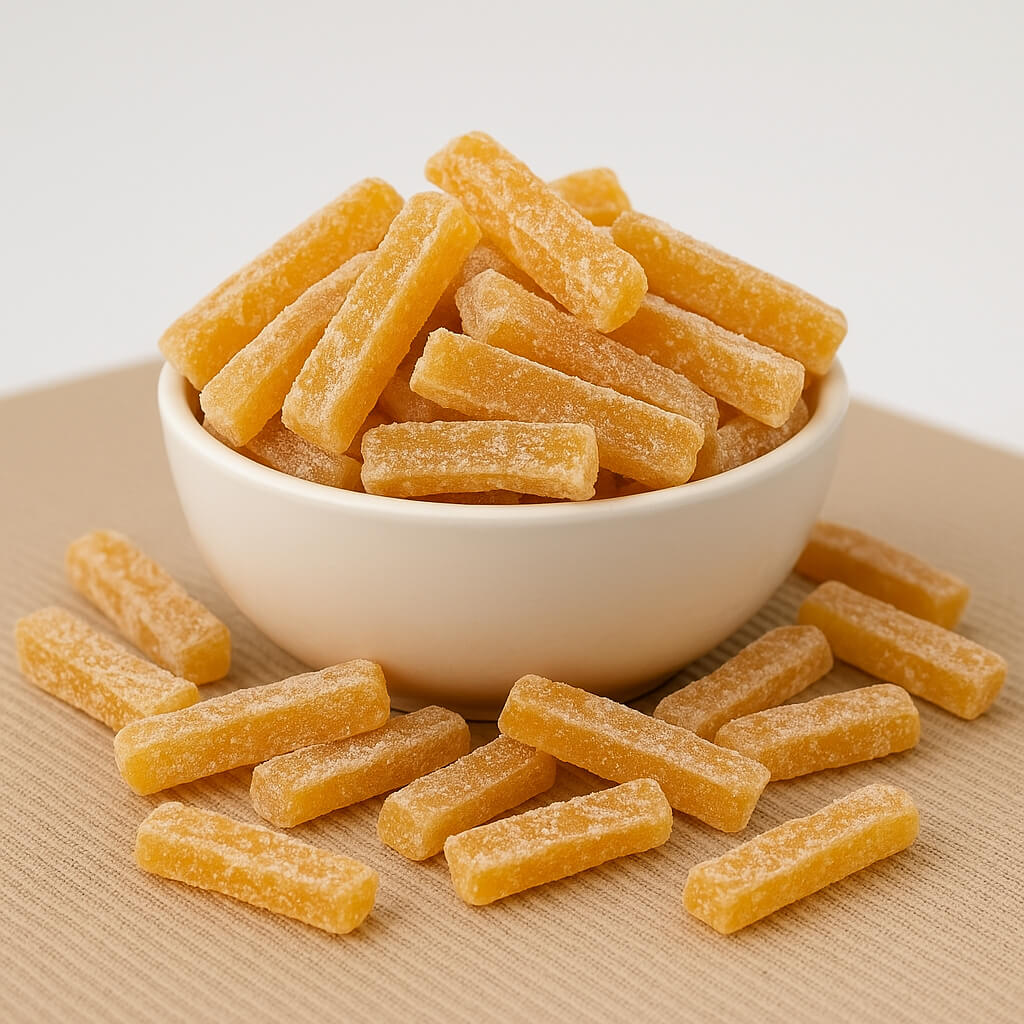 Yellow sugar-coated candy sticks in bowl Sugar-dusted fruit candy sticks on placemat