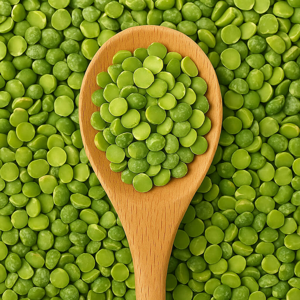 Close-up of green split peas in wooden spoon