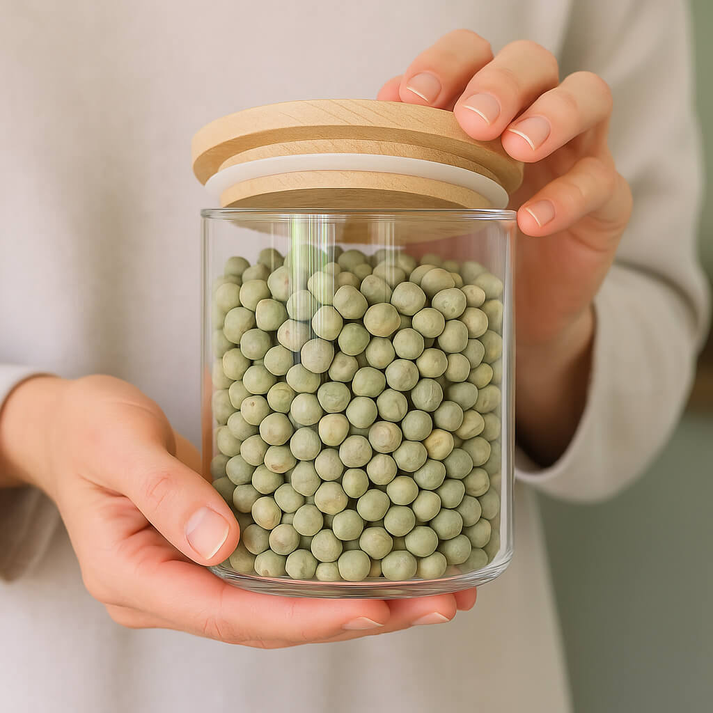Hands holding glass jar filled with dried green peas