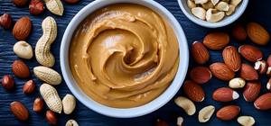 Cremige Erdnussbutter in Schale mit Nüssen Schale mit cremiger Erdnussbutter umgeben von Nüssen
