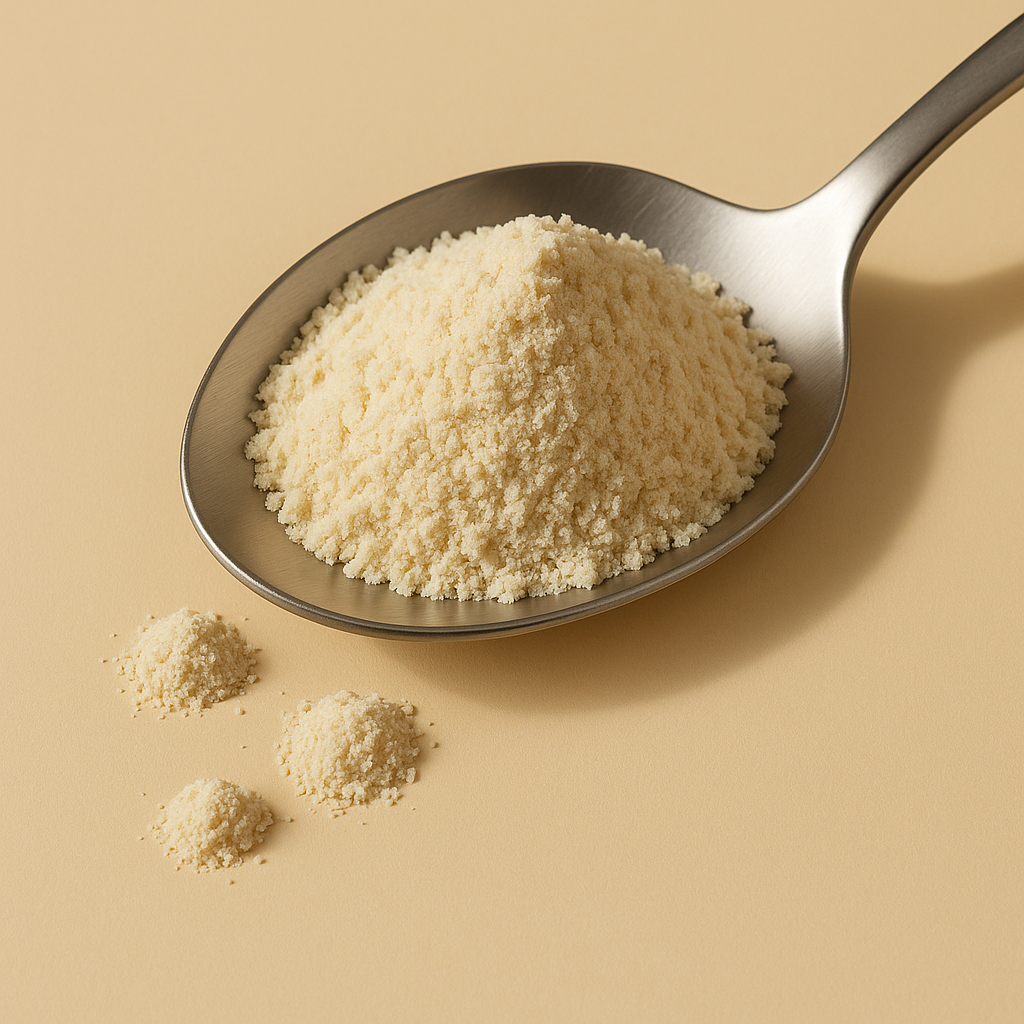 Metalllöffel mit feinem hellem Grieß (Semolina) auf beigem Hintergrund, drei kleine Häufchen daneben