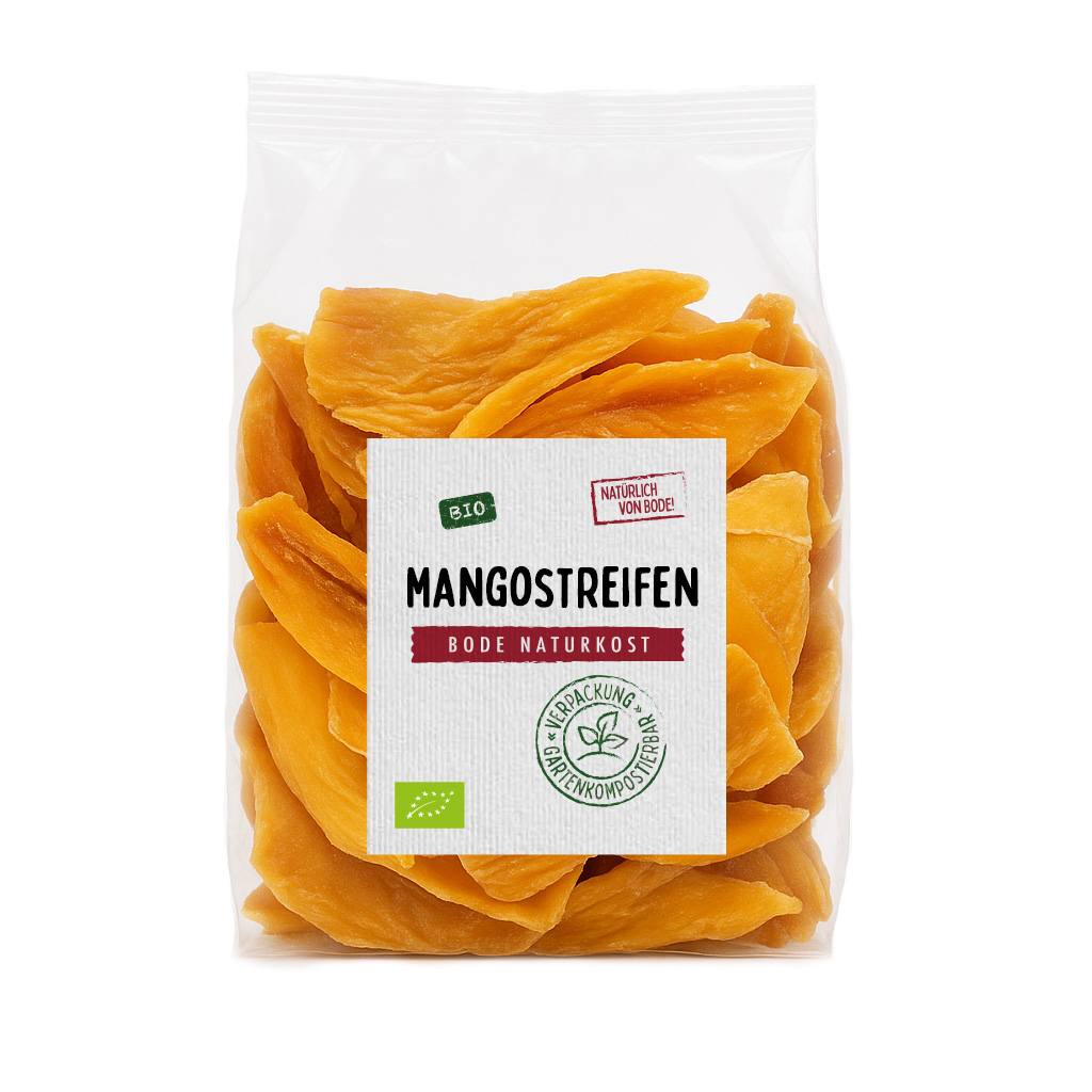 Eine Packung mit bio-getrockneten Mangostreifen von Bode Naturkost