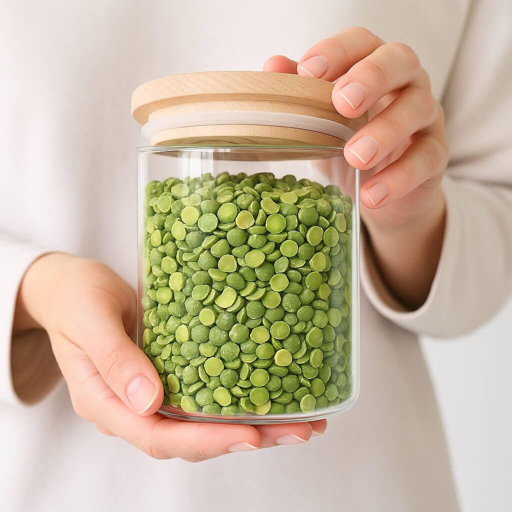Glass jar of green split peas with wooden lid