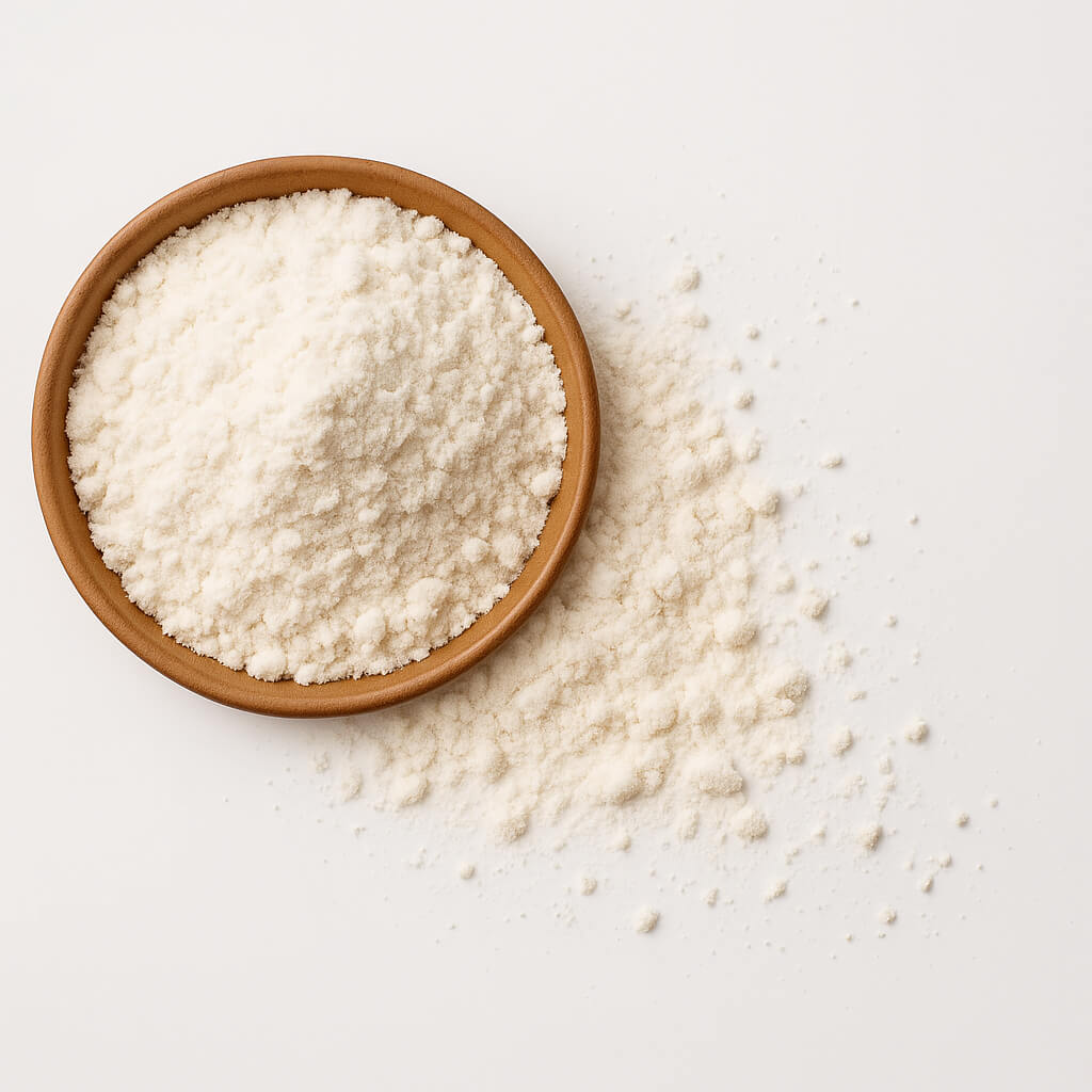 Powdered milk in wooden bowl Powdered milk in wooden bowl on white background