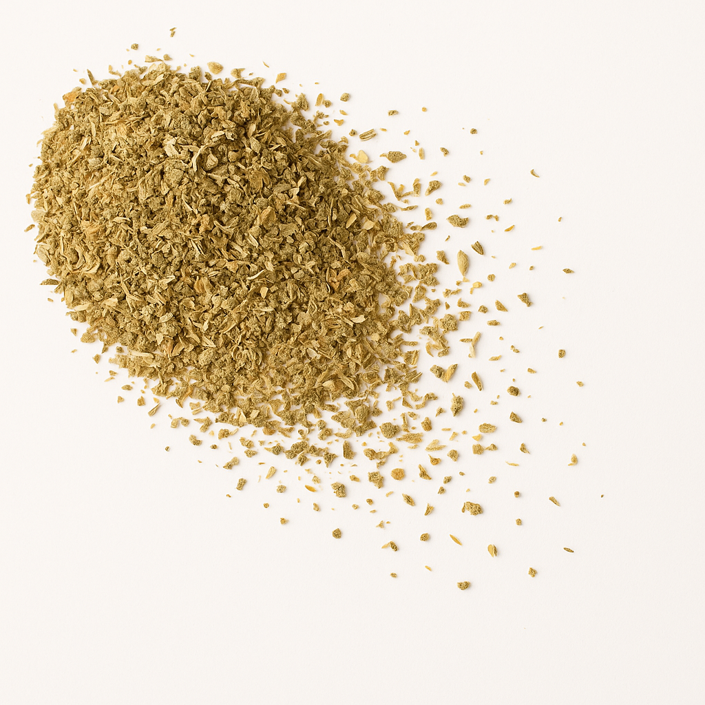 A pile of dried Pizza Herbs on a white background