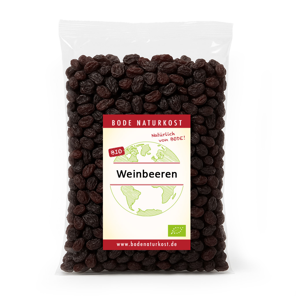 Eine 500g Packung Bio-Rosinen von Bode Naturkost