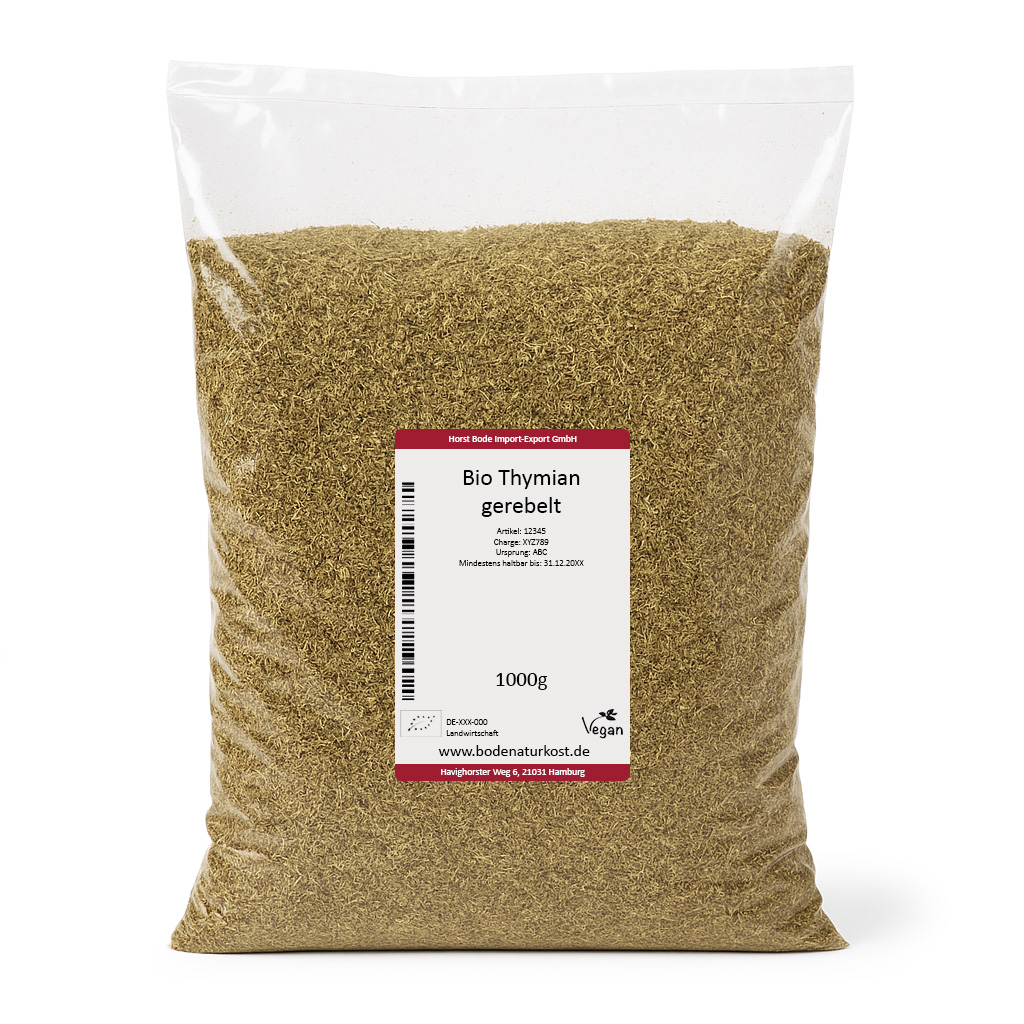 Plastikbeutel mit 1000 g Bio-Thymian (gerebelt), getrocknetes Kraut, sichtbare Etikette mit Bio- und Vegan-Logo
