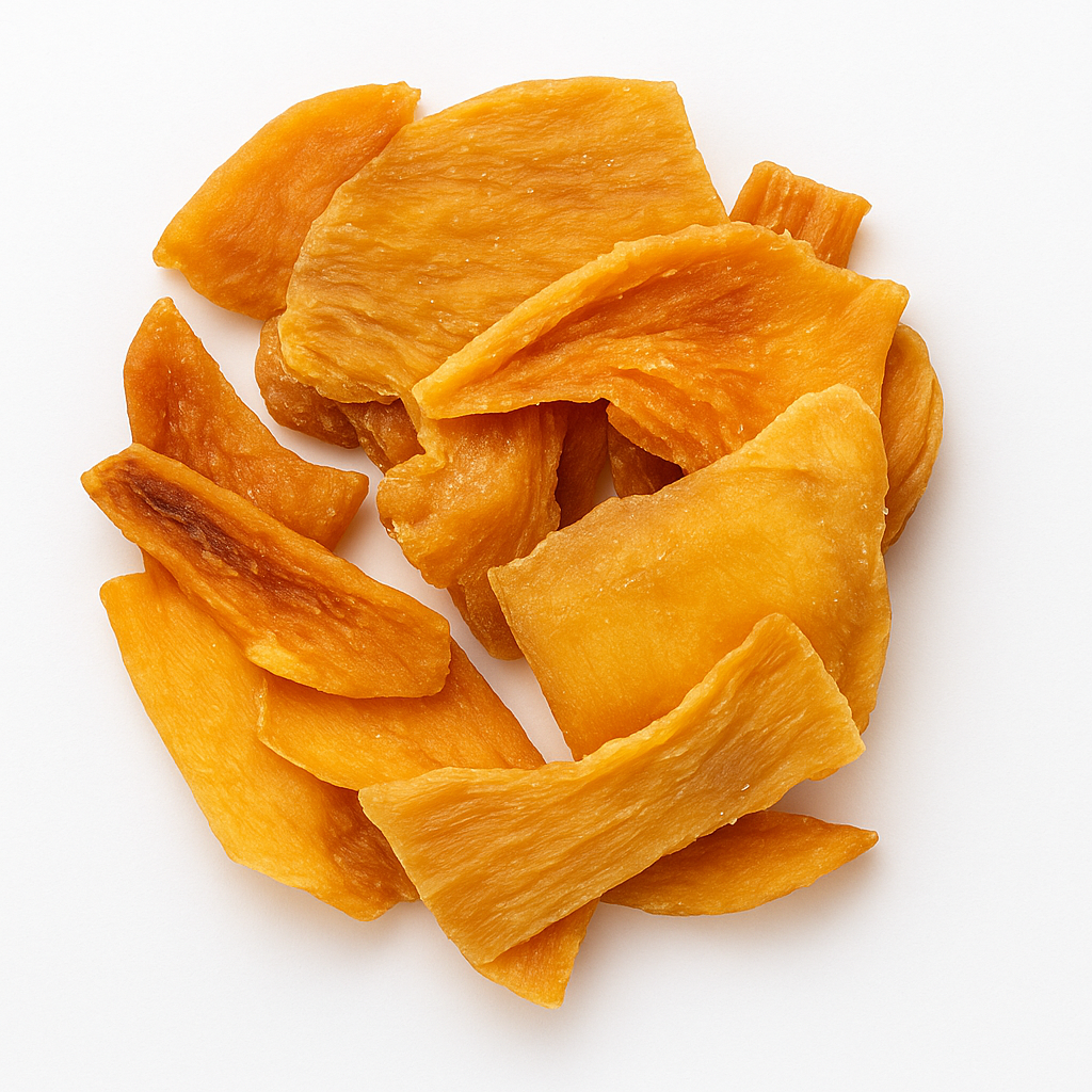 Ein Haufen getrockneter Mangoscheiben auf einem weißen Untergrund.