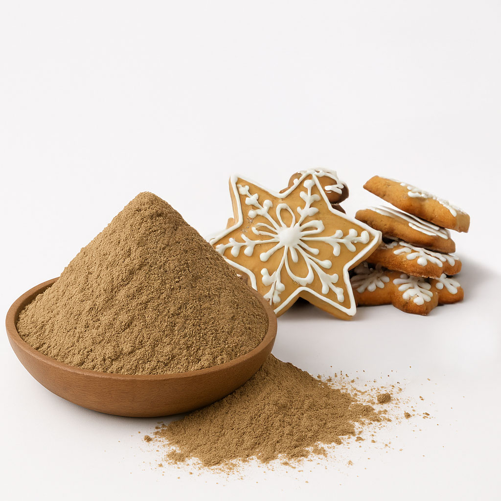 Eine Holzschale gefüllt mit Lebkuchengewürz, umgeben von sternförmigen Keksen mit weißem Zuckerguss