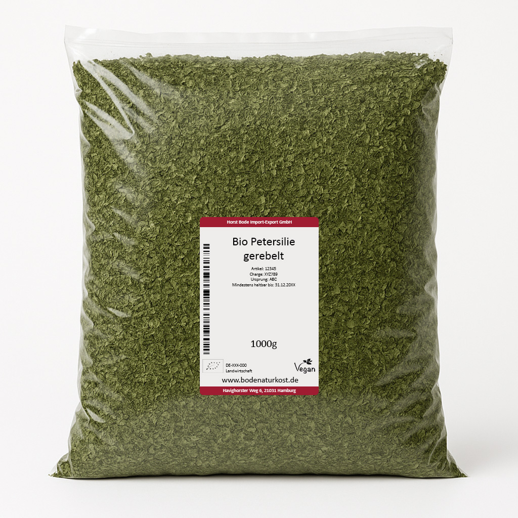 Packung mit bio getrockneter Petersilie, 1000g, mit Etikett