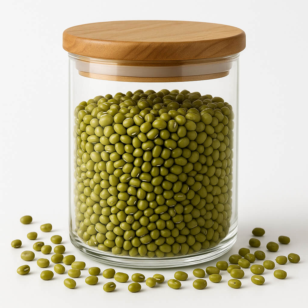 Jar of green mung beans in glass with wooden lid