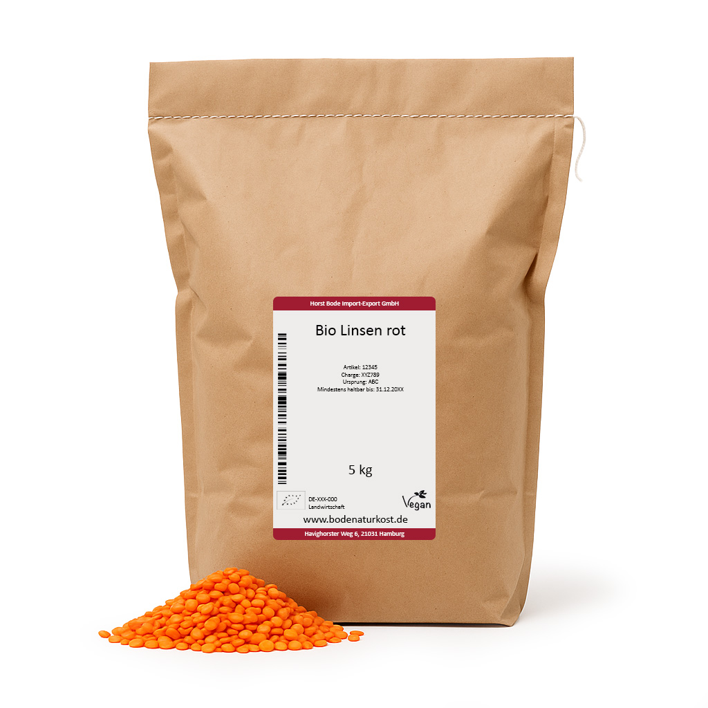 5kg brown bag of organic red lentils with pile