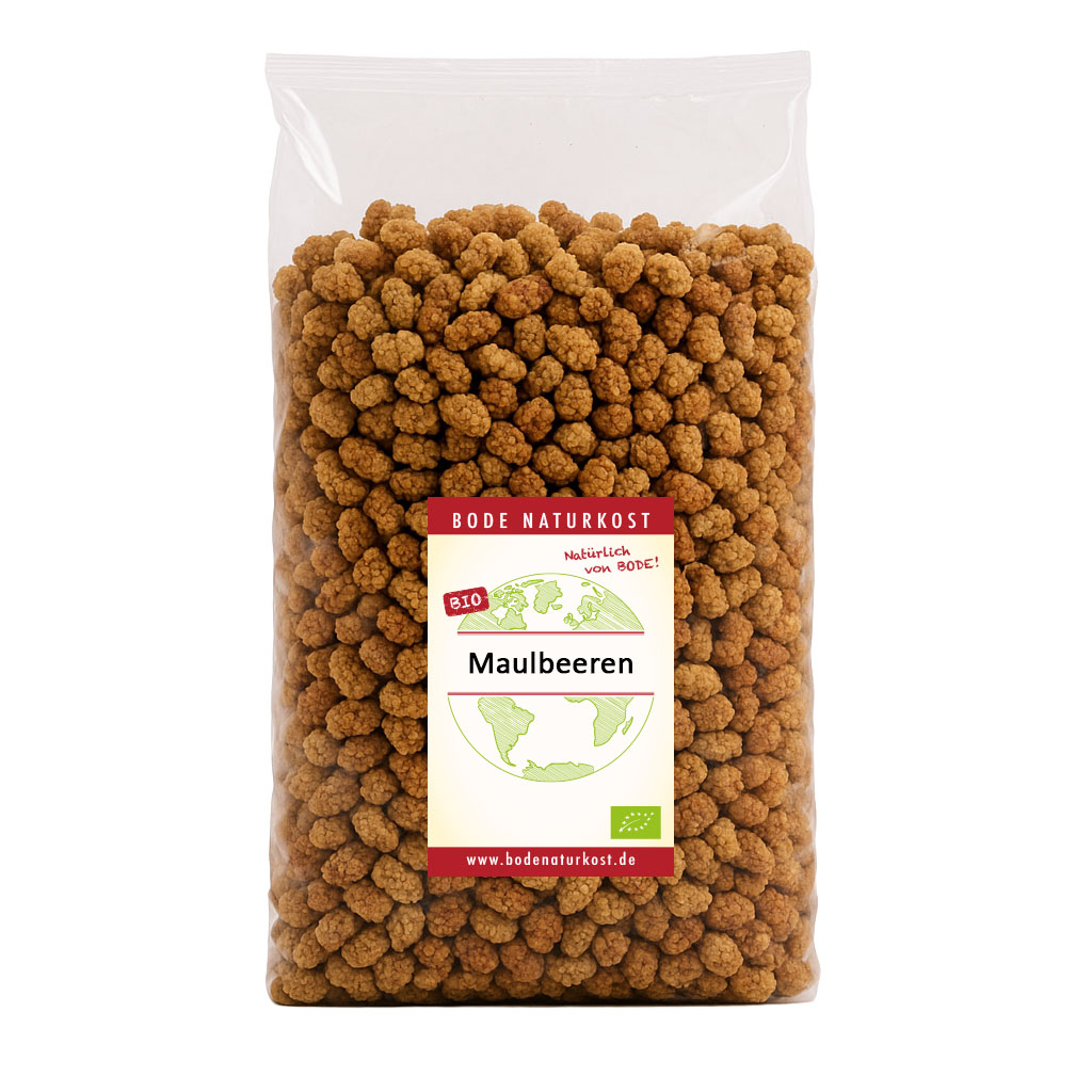 Transparenter Beutel mit getrockneten Bio-Maulbeeren