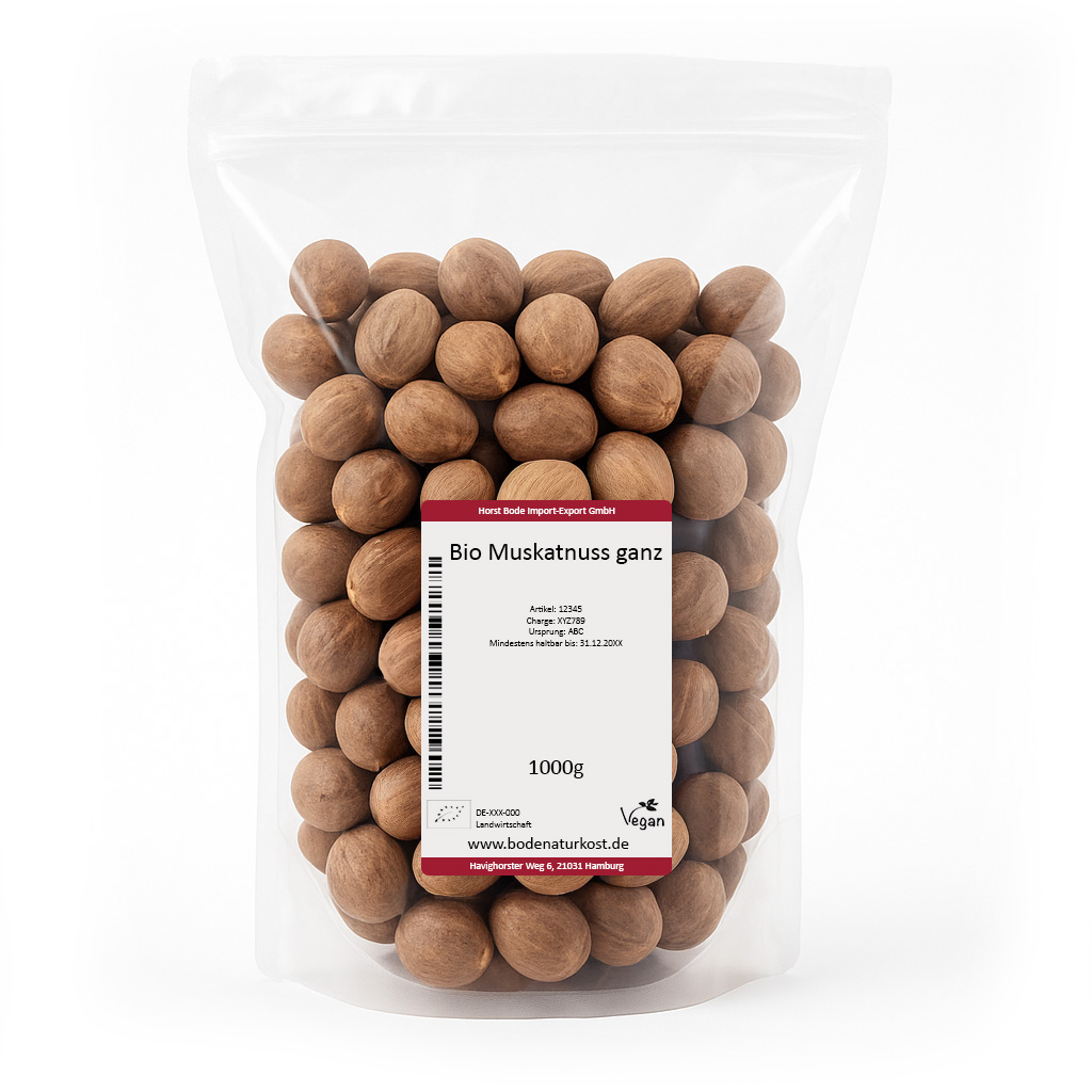 Gennemsigtig genlukkelig pose med hele økologiske muskatnødder (1 kg), brune nødder i skal, hvid label med rød top