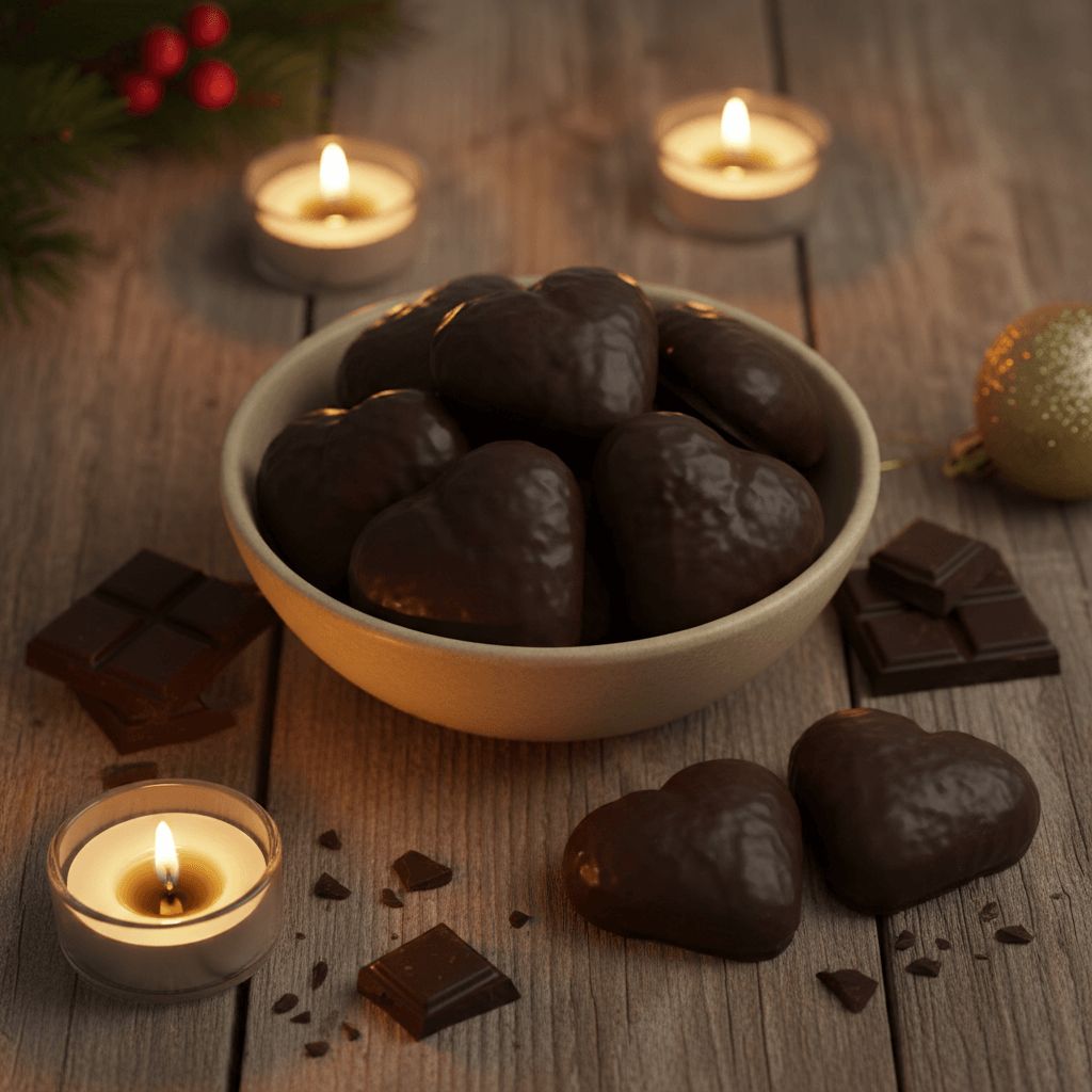 Herzförmige Schokokekse mit Kerzenlichtambiente Eine Schale mit herzförmigen Schokokeksen, umgeben von brennenden Kerzen und Schokoladenstücken auf einem Holztisch.
