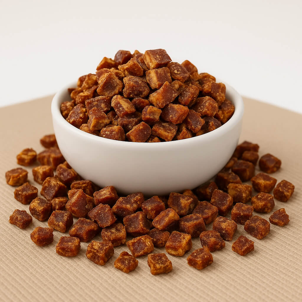 Close-up of dried meat pet treat cubes