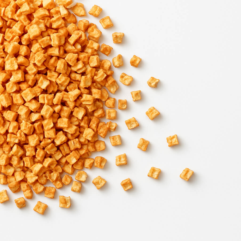 Pile of orange crunchy snack cubes on white