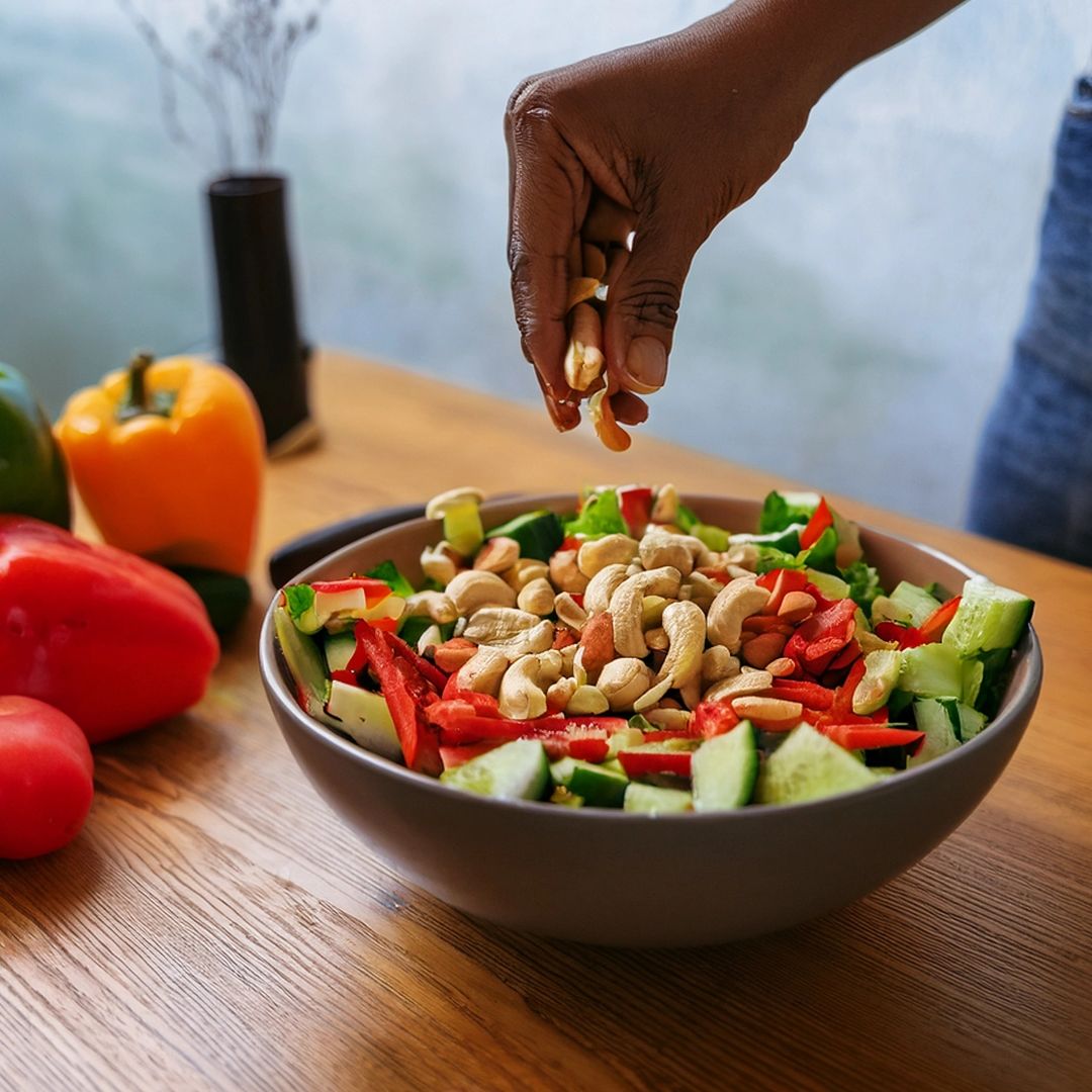 Eine Hand fügt Cashews zu einem bunten Gemüsesalat in einer Schüssel hinzu
