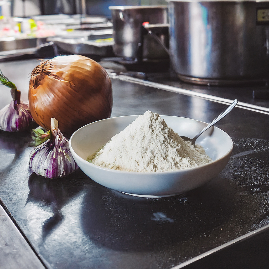 Schälchen mit Mehl in einer Profi-Küche, daneben Zwiebel und Knoblauch auf Edelstahl-Arbeitsfläche, Töpfe im unscharfen Hintergrund