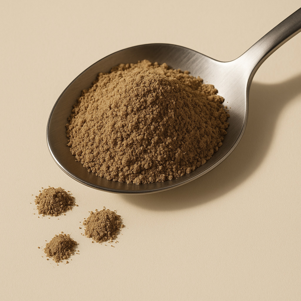 Nærbillede af en stålske fyldt med fint, brunt krydderipulver på en beige overflade, med tre små bunker af pulver ved siden af
