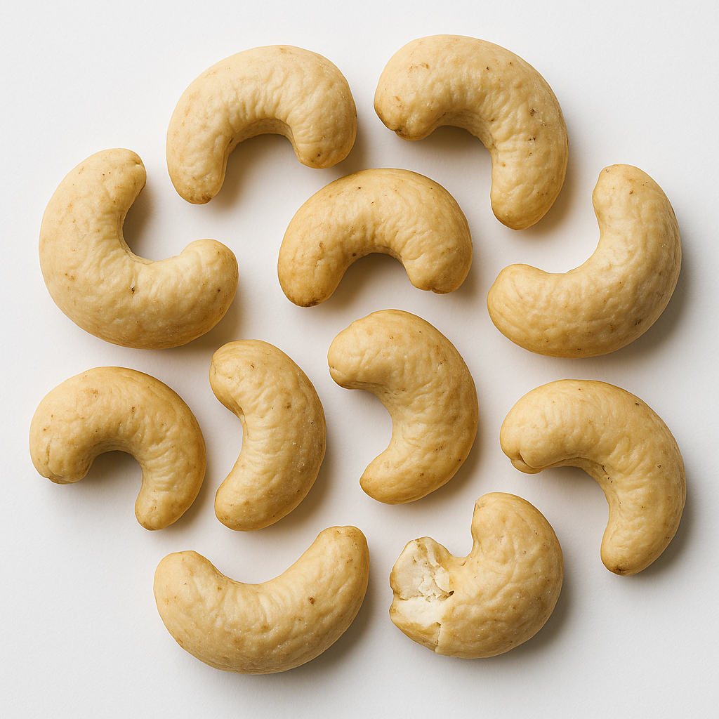Nahaufnahme von blanchierten Cashewnüssen, gleichmäßig angeordnet auf weißem Hintergrund. Eine Nuss ist angebissen. Helle, natürliche Aufnahme, geeignet für Lebensmittel- und Snackprodukte.