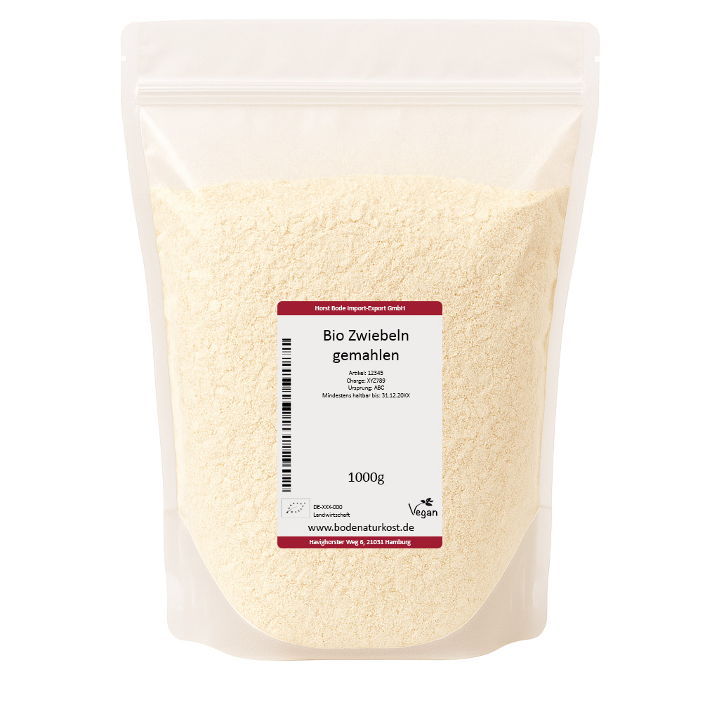 Wiederverschließbarer Standbodenbeutel mit 1000 g Bio Zwiebeln (gemahlen), helles Zwiebelpulver, Etikett 'Bio Zwiebeln gemahlen' und Vegan-Symbol.