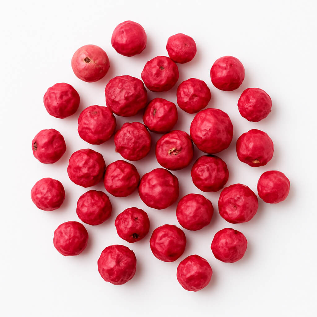 Pink peppercorns on white background Cluster of pink peppercorns, overhead view
