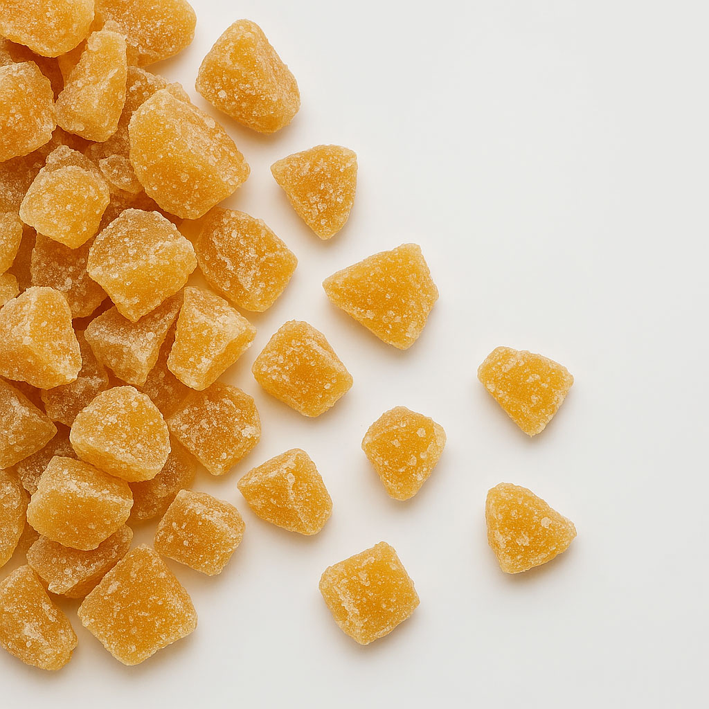 Close-up of crystallised ginger cubes dusted with sugar