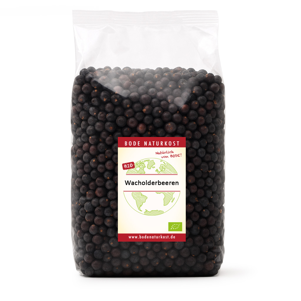 Beutel mit Bio-Wacholderbeeren von Bode Naturkost.