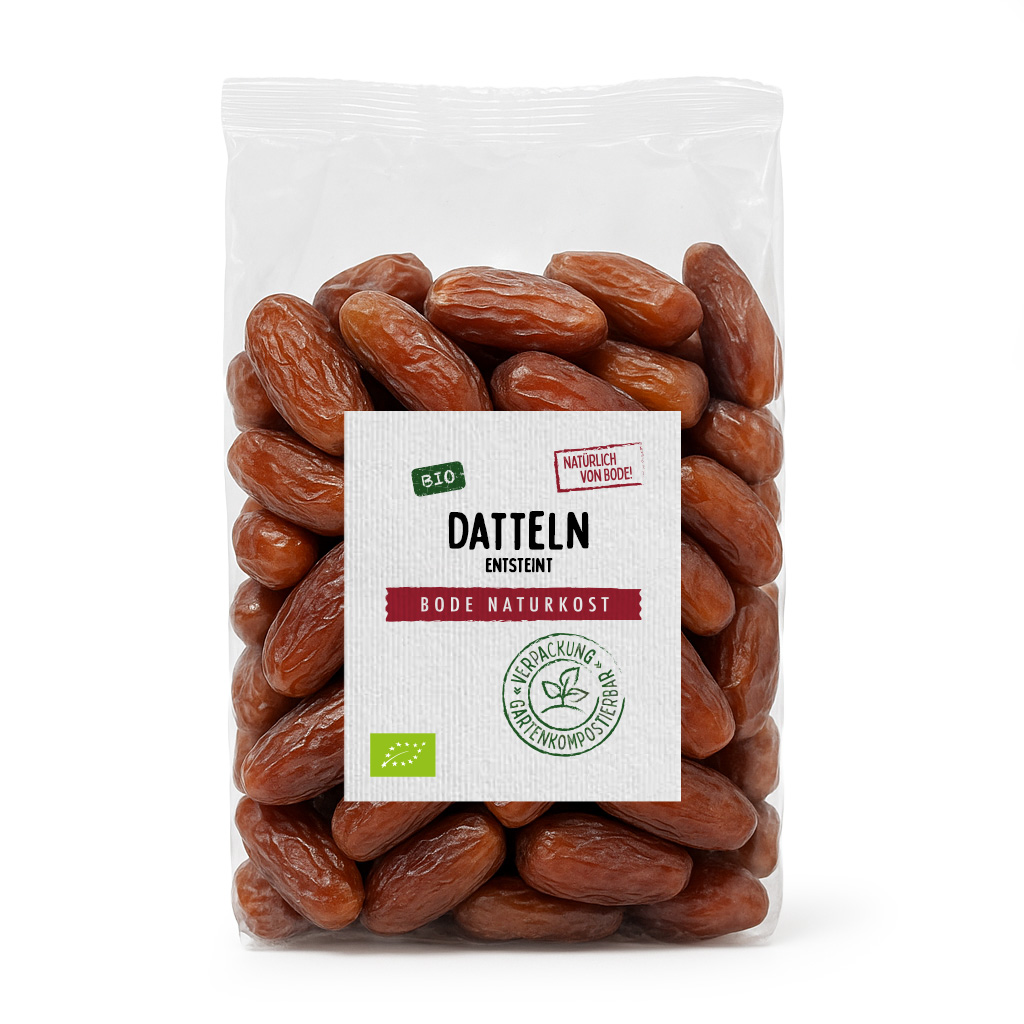 Bio-Entsteinte Datteln 500g - Bode Naturkost Eine Packung mit 500g Bio-Entsteinten Datteln von Bode Naturkost