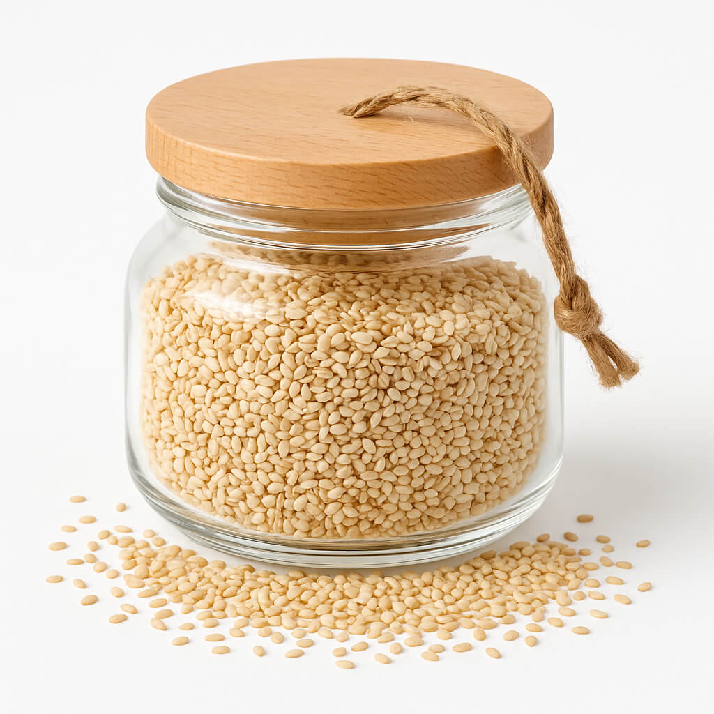Jar of white sesame seeds on white background