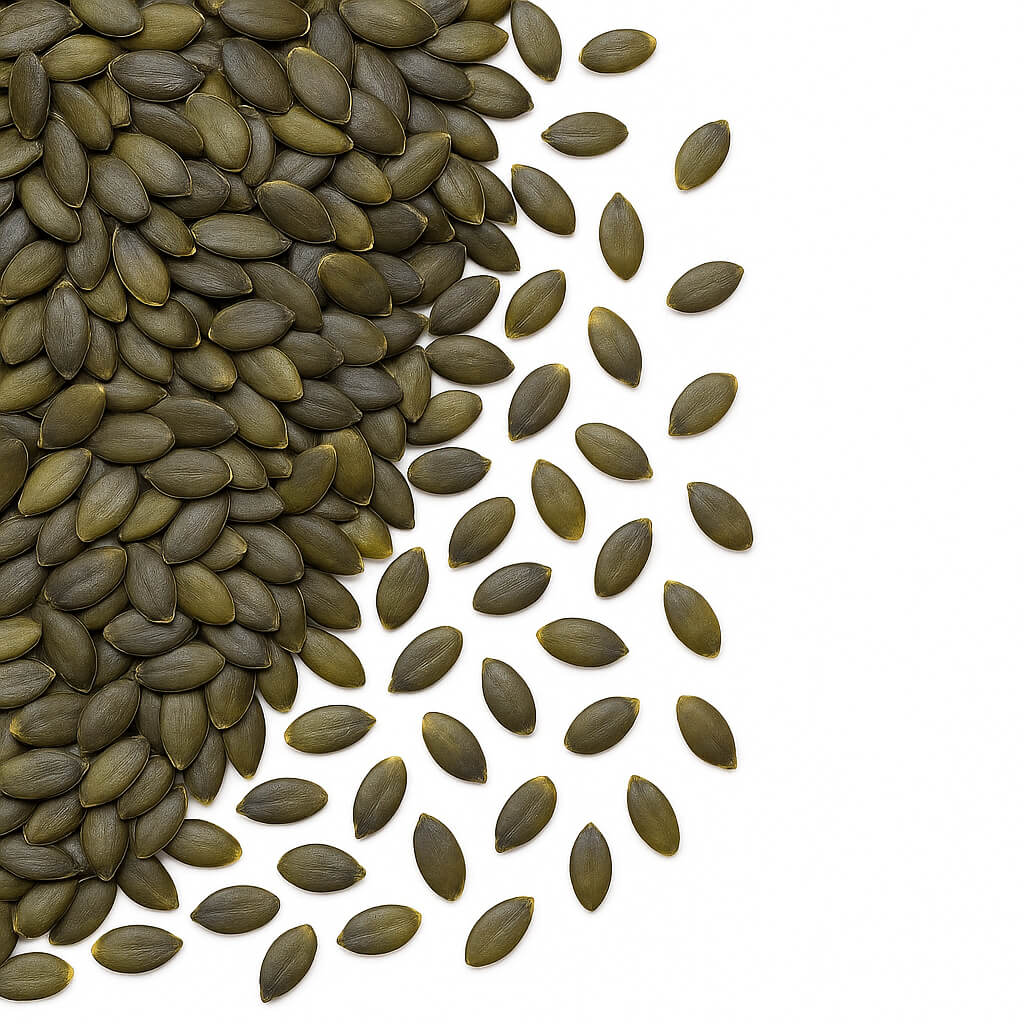 Pile of green pumpkin seeds scattered on white