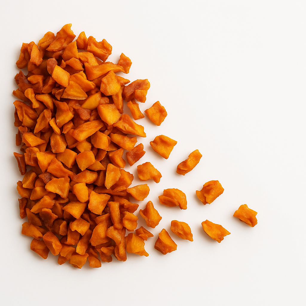 Pile of diced dried mango on white background