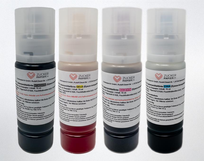 Lebensmitteltinte für Epson - Set 4 x 70 ml Lebensmitteltinte für Epson - Set 4 x 70 ml