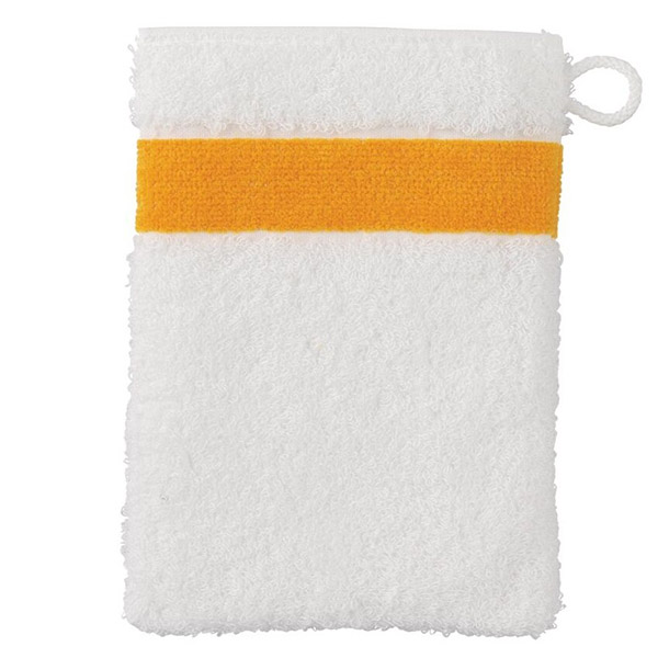 Waschhandschuh Exclusiv weiß mit sonnengelbem Rand und Schlaufe