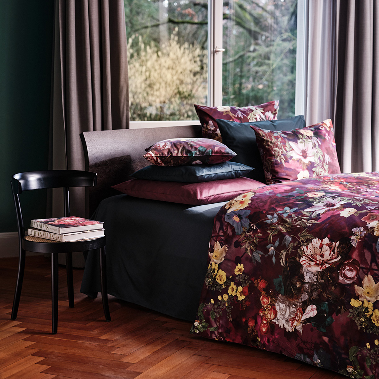 bettwäsche, duvet-cover, blumenmuster, burgunder, kissenbezüge, 