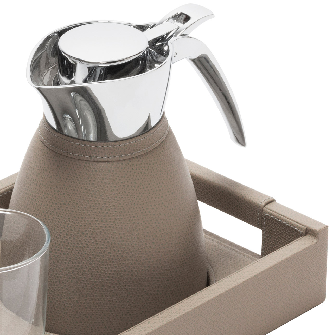 Kaffeekanne, Kaffeekrug, Thermo-Topf, Kunstleder, Behandlungset, Tablett und Thermoskanne mit Leder bezogen in grau Detail