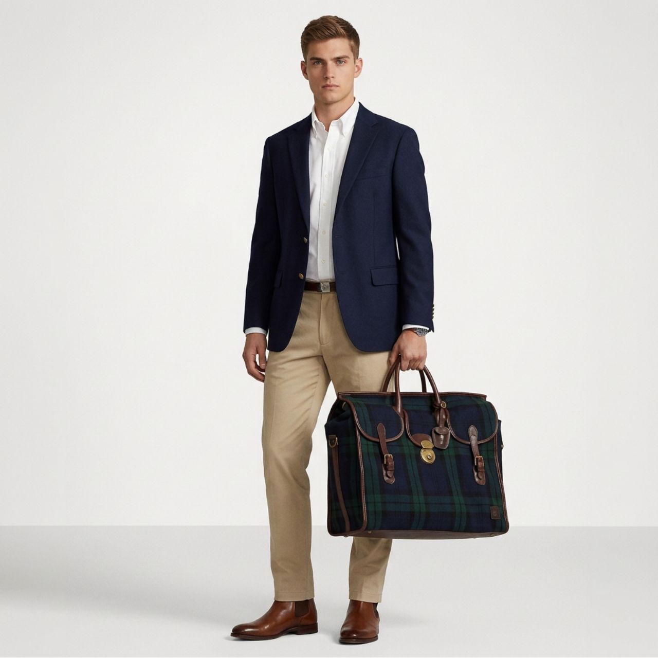 Anzugjacke, Hemd, Chinos, Ledergeldbörse, Reise-/Dufflebag, 