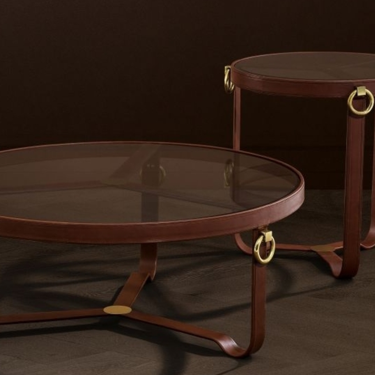 Couchtisch, Glaskomisch, Rundes Tisch, Holztable, Messingbeschläge, 