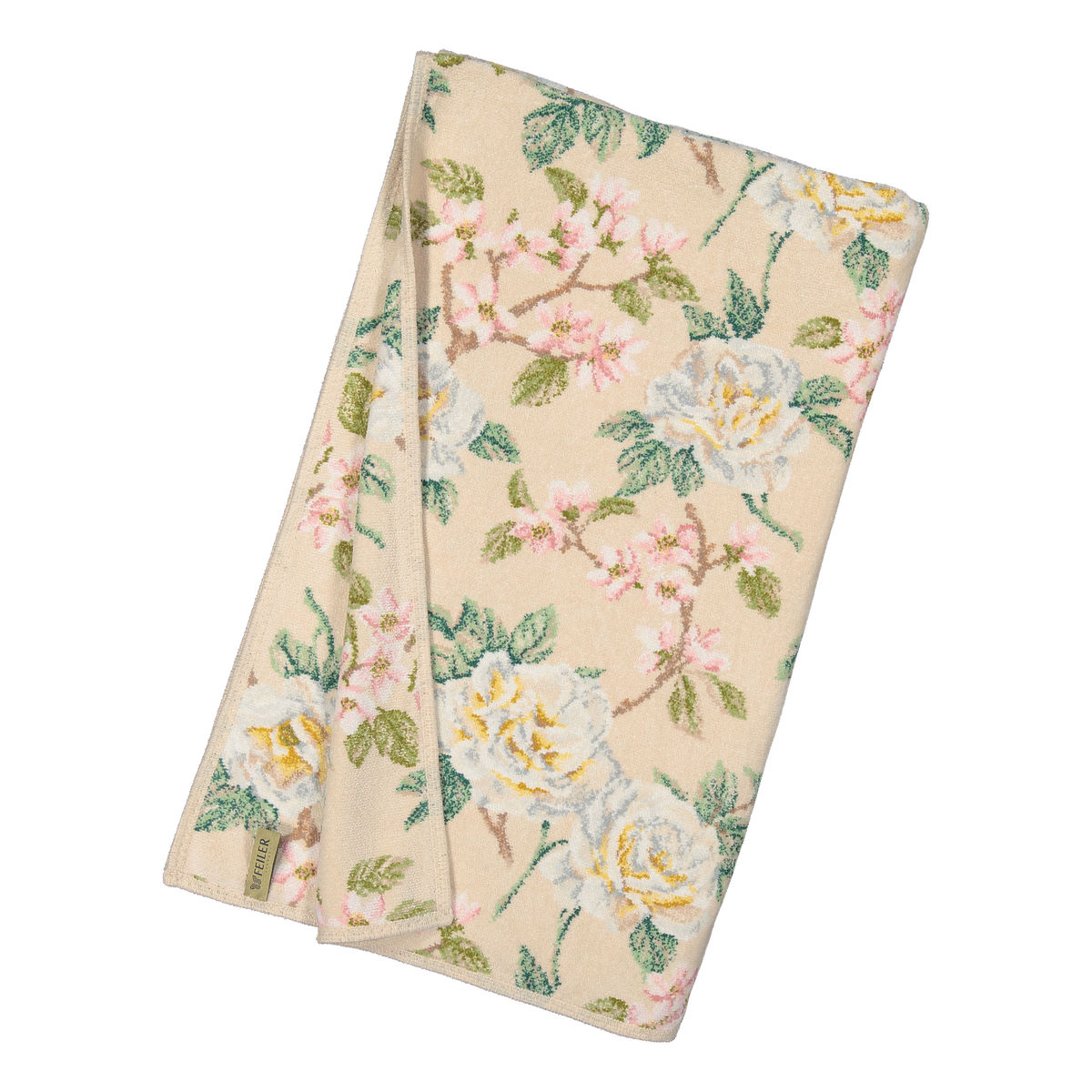 Badetuch Vanilla Rose beige mit rosa Blumenmuster gefaltet