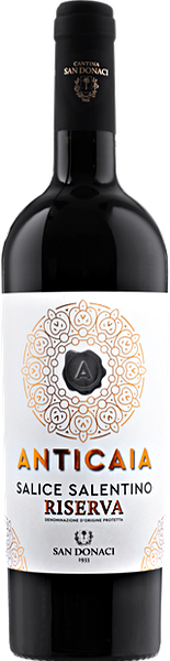 Anticaia Salice Salentino Riserva Rotwein von Cantina San Donaci aus Apulien Italien Flasche des Anticaia Salice Salentino Riserva Rotwein von Cantina San Donaci aus Apulien Italien